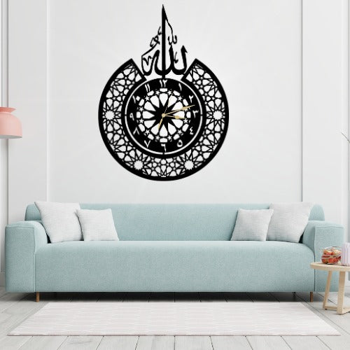 3D Islamic Wooden Wall Clock with 'Allah' Design – Laser Cut Decorative Clock for Home, Office & Gift